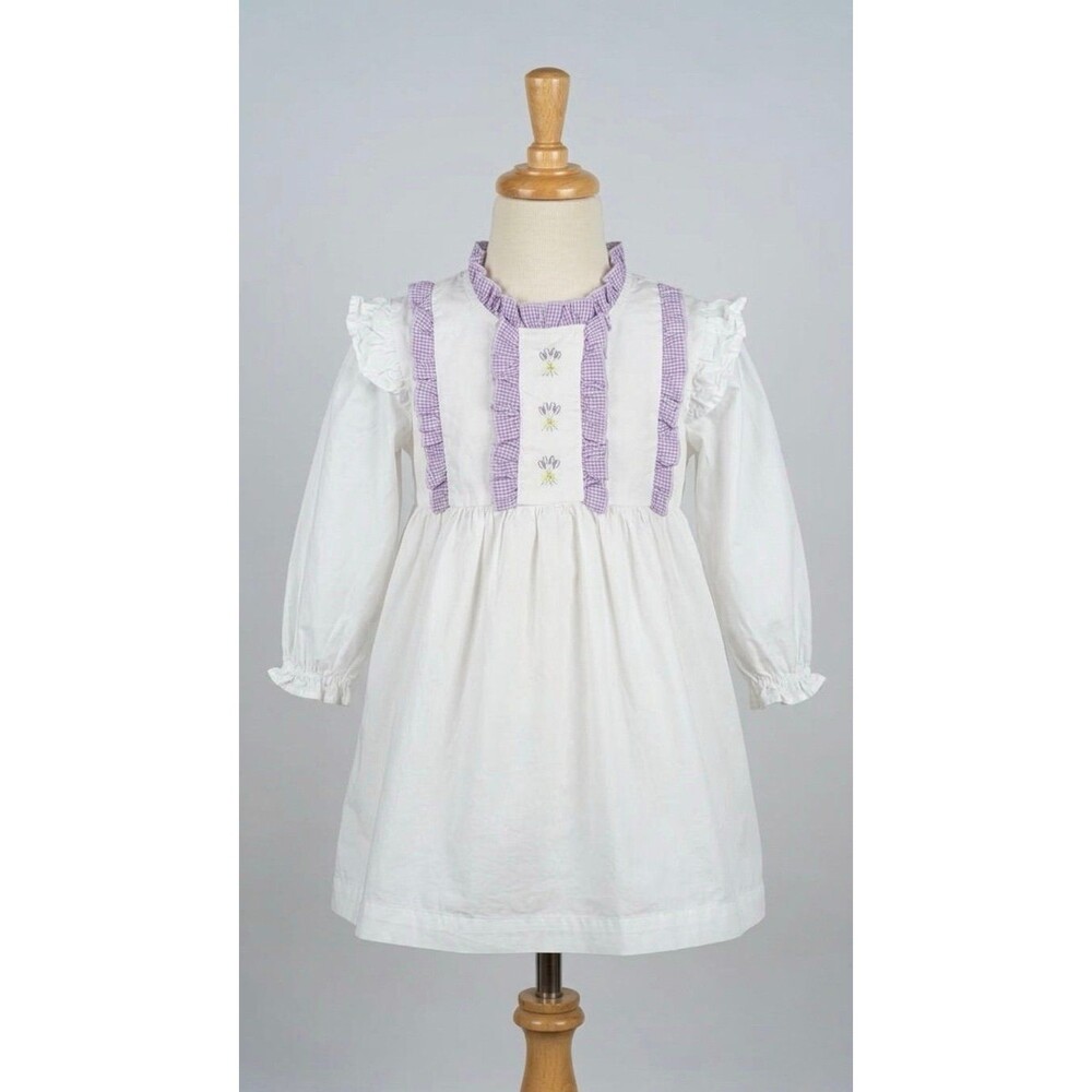 Stitchy Fish White Long Sleeve Dress Purple Gingham Ruffles Embroidered 3T